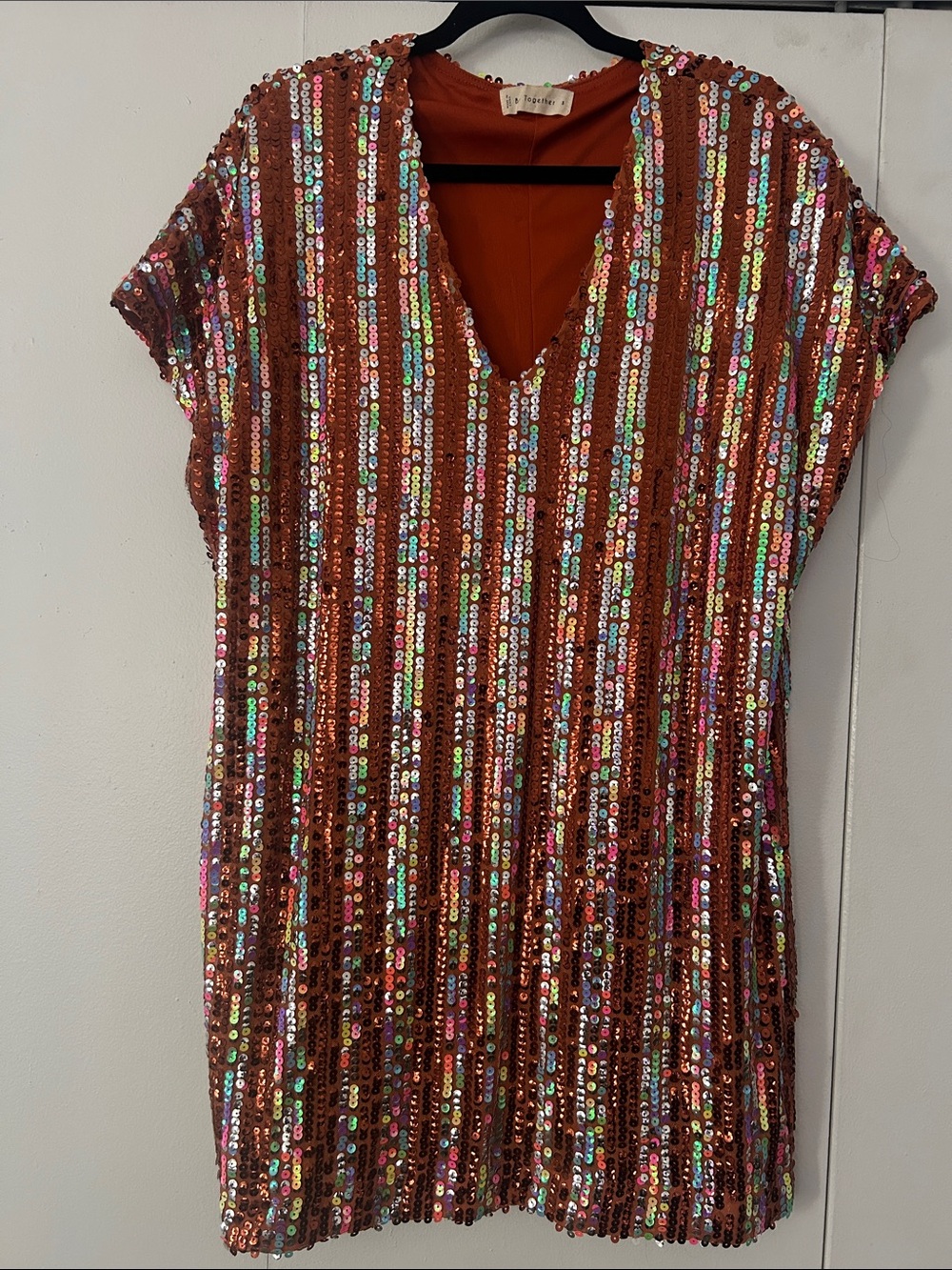 By Together Copper Sequin V-Neck Party Dress - Size Small